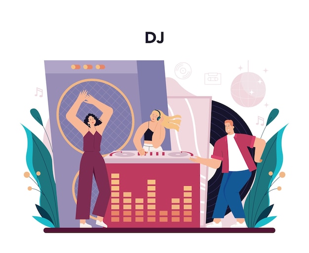Vetor grátis conceito de dj pessoa em pé no mixer de toca-discos faz música no clube compositor de música do clube com fones de ouvido ilustração vetorial plana isolada