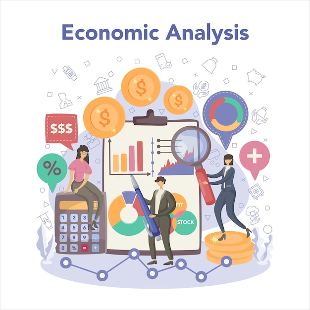 Vetor grátis conceito de economia e finanças pessoas de negócios trabalham com controle de custos budjet ideia de análise econômica e ganhar dinheiro estratégia de negócios ilustração vetorial em estilo cartoon