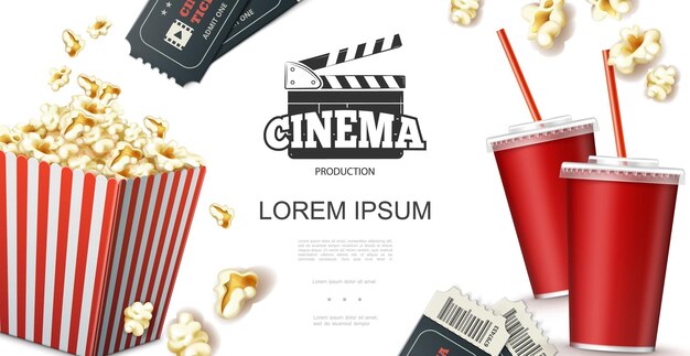 Conceito de elementos de cinema realista com refrigerante em claquete de bilhetes de copo de papel e pipoca em vermelho