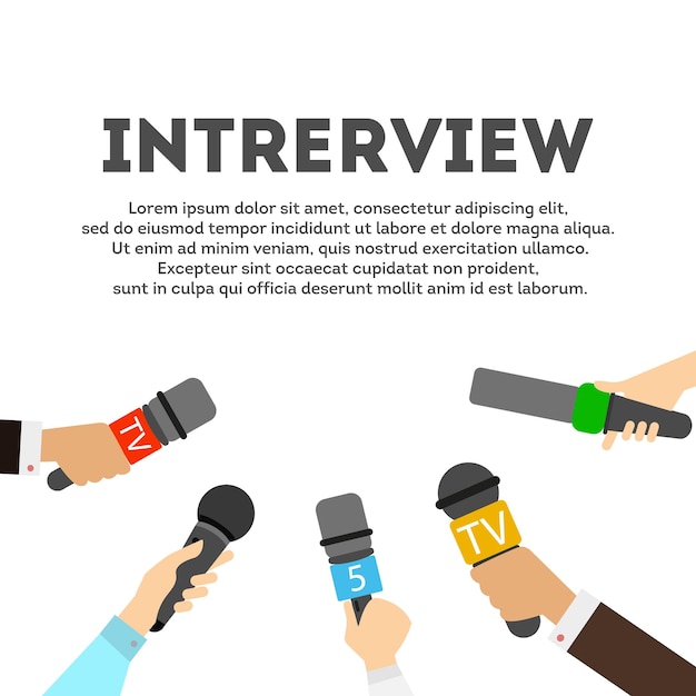 Conceito de entrevista com microfones em fundo branco Newsmakers e entrevistadores Diferentes sinais de tv