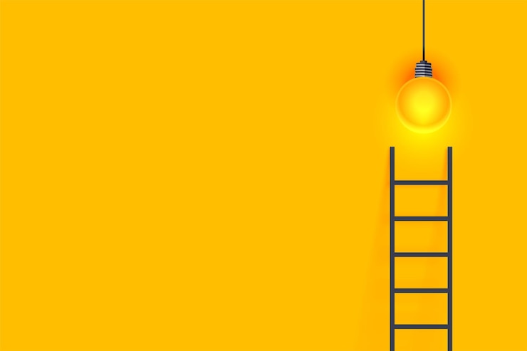 Vetor grátis conceito de escada de sucesso fundo amarelo com lâmpada brilhante