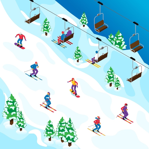 Conceito de estância de esqui isométrica com esportistas na ilustração vetorial de montanha