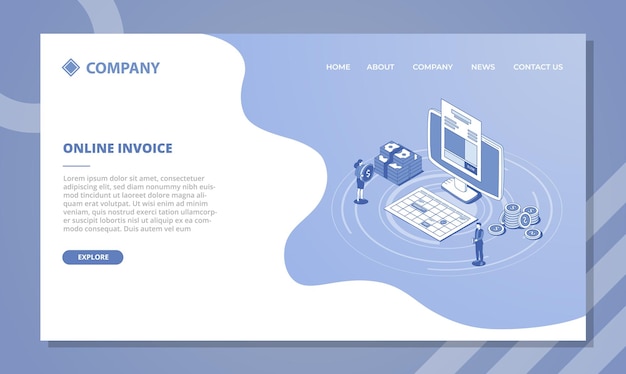 Vetor grátis conceito de fatura online de negócios para modelo de site ou página inicial de destino com estilo isométrico e contorno