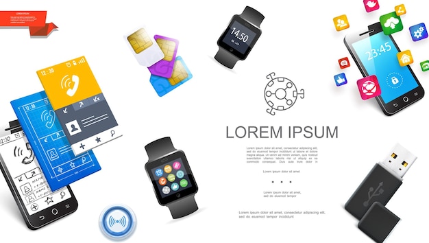 Conceito de gadgets modernos realistas com smartwatches usb flash drive sim cards design de interfaces móveis de smartphone e ilustração de ícones de aplicativos,