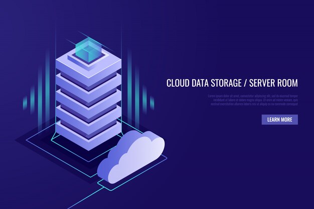 Conceito de hospedagem com armazenamento de dados em nuvem e sala do servidor. Rack de servidor com nuvem.
