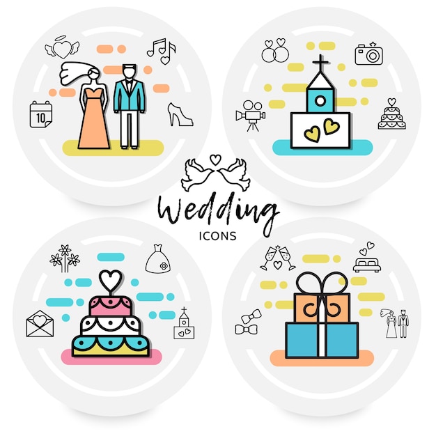 Conceito de ícones de linha de casamento com noiva noivo sapato coração igreja câmera bolo anéis carta vestido fogos de artifício