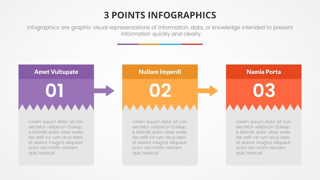 Vetor grátis conceito de infográfico de 3 pontos ou estágios com direção certa e seta de informações em caixa para apresentação de slides