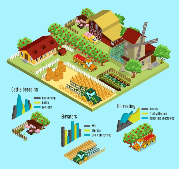 Vetor grátis conceito de infográfico de fazenda isométrica