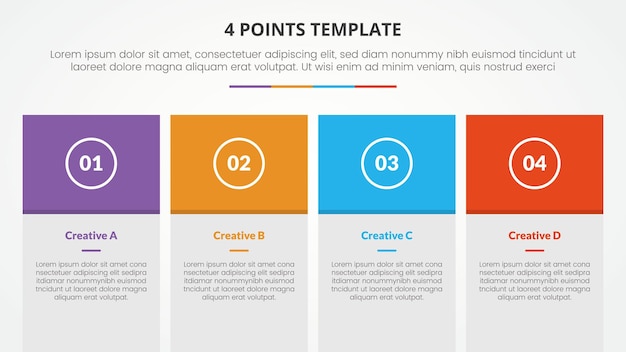 Conceito de infográfico de modelo de estágio de 4 pontos para apresentação de slides com mesa de caixa grande e cabeçalho colorido lista de 4 pontos com vetor de estilo plano