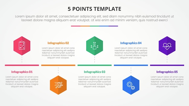 Vetor grátis conceito de infográfico de modelo de estágio de 5 pontos para apresentação de slides com hexágono ou estilo de linha do tempo de forma hexagonal com lista de 5 pontos com vetor de estilo plano