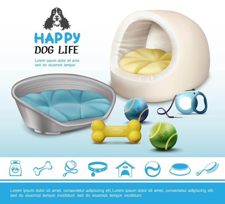 Vetor grátis conceito de itens para cães realistas com bolas de osso, camas macias e ícones azuis para animais de estimação