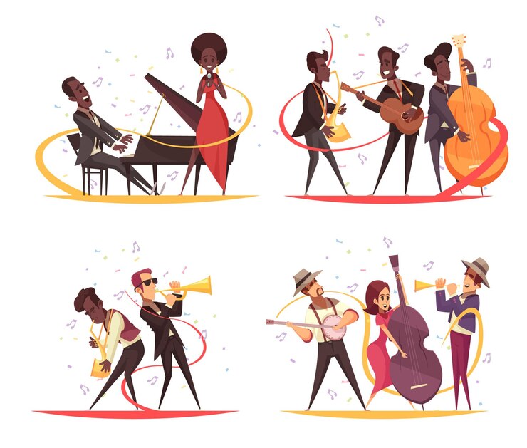 Vetor grátis conceito de jazz com personagens de desenhos animados de músicos no palco com instrumentos e silhuetas de nota