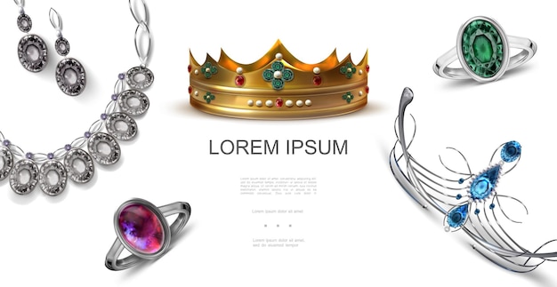 Conceito de joias coloridas realistas com lindos brincos de prata em forma de coroa, anéis, diademas, joias