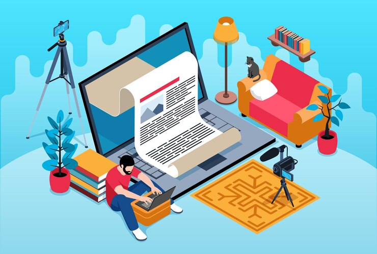 Vetor grátis conceito de jornalista isométrico com ilustração vetorial de equipamentos de laptop e blogger de vídeo