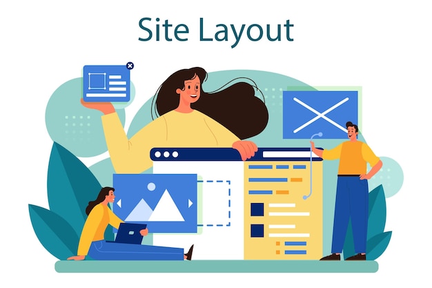 Vetor grátis conceito de layout de site desenvolvimento web design e otimização de aplicativos móveis pessoas construindo modelo de interface de usuário tecnologia de computador ilustração em vetor plana