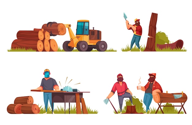 Conceito de lenhador 4 composições de desenhos animados madeireiros derrubando árvores com machados serrando madeira para manuseio de toras ilustração de máquinas