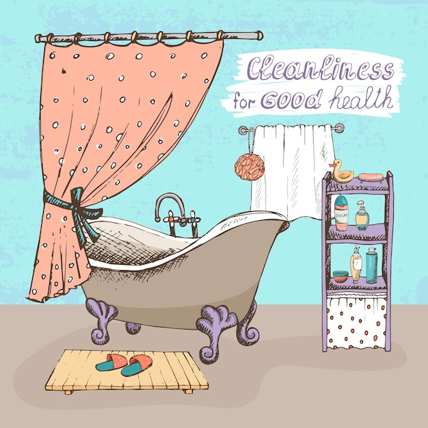Vetor grátis conceito de limpeza para uma boa saúde mostrando o interior de um banheiro com uma bola vintage e uma banheira com garras