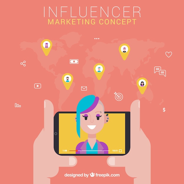 Conceito de marketing influencer com garota no smartphone