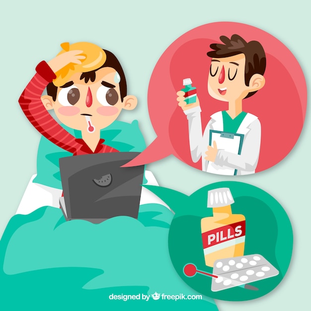 Vetor grátis conceito de médico on-line com homem na cama