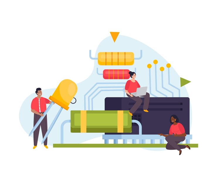 Vetor grátis conceito de microchip com componentes de circuito eletrônico e personagens humanos segurando ilustração vetorial plana de transistor