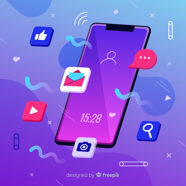 Conceito de mídia social com telefone móvel antigravidade
