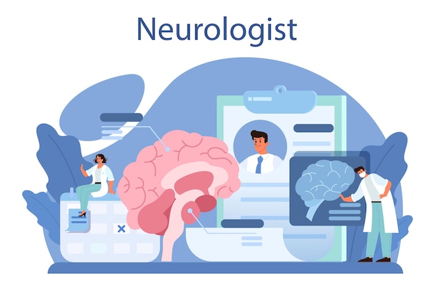 Vetor grátis conceito de neurologista médico examina o cérebro humano idéia de médico se preocupando com a saúde do paciente diagnóstico e consulta de ressonância magnética médica ilustração vetorial em estilo cartoon