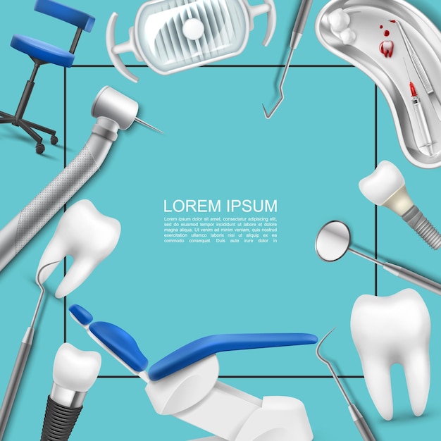 Vetor grátis conceito de odontologia profissional realista com moldura para lâmpada de texto implante dentário instrumentos estomatológicos cadeira médica bandeja de máquina de dente de seringas de algodão