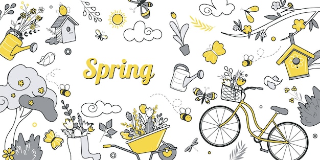 Conceito de primavera para design de banner com padrão de doodle de linha plana textura de desenho de mão com bicicleta com regador de flores carrinho de mão de casa de pássaros com botas de borracha de buquê ilustração vetorial para web
