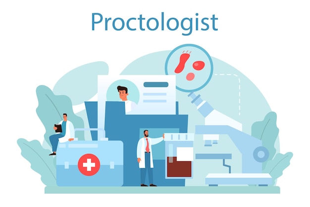 Vetor grátis conceito de proctologista o médico examina o intestino ideia de consulta de diagnóstico de saúde e tratamento médico ilustração vetorial isolada em estilo cartoon