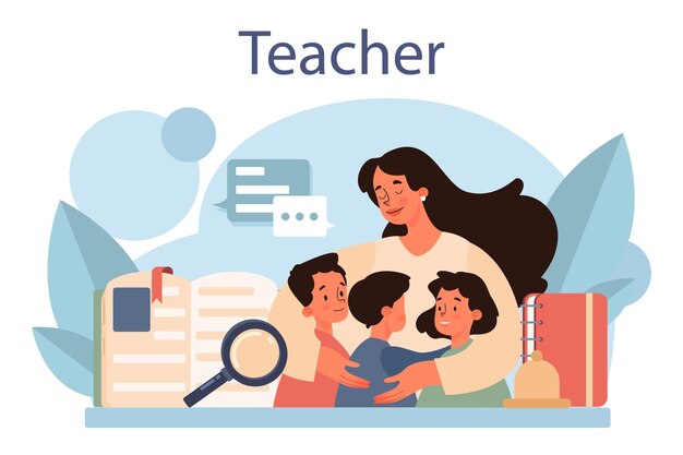 Conceito de professor Professor em frente ao quadro-negro Trabalhadores de escola ou faculdade com ferramentas de disciplina profissional Ideia de educação e conhecimento Ilustração em vetor plana