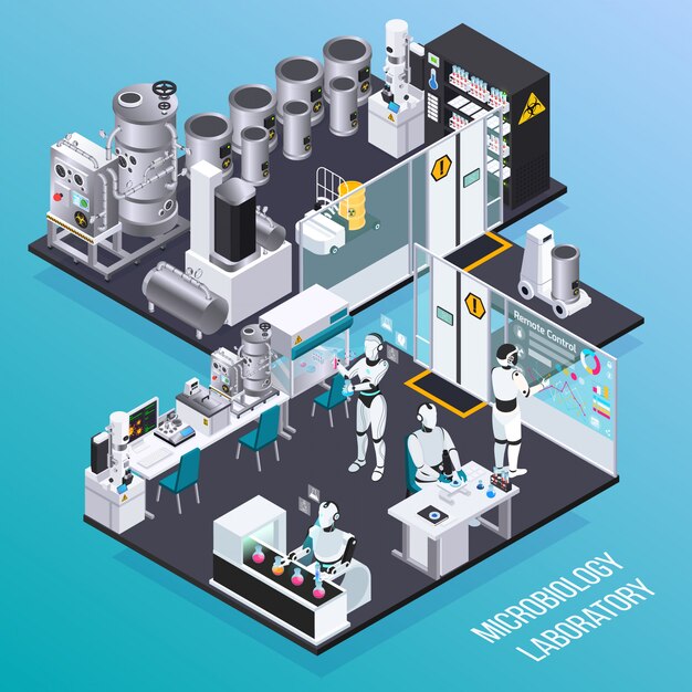 Vetor grátis conceito de profissões isométricas de robô com empregadores de robô de microbiologia na sala isolada de laboratório