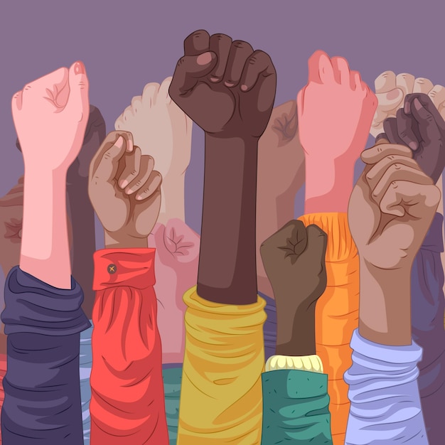 Conceito de punhos levantados multirraciais