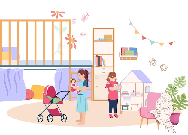 Vetor grátis conceito de quarto de bebê com brinquedos e símbolos de jogo ilustração vetorial plana