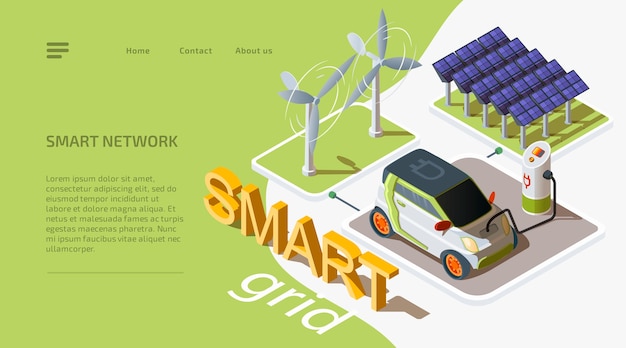 Conceito de rede inteligente. Turbinas eólicas isométricas e painéis solares conectados ao carro elétrico com estação de carregamento. Fonte de energia alternativa. Página inicial do modelo para o site.