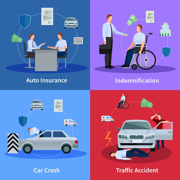 Vetor grátis conceito de seguro auto com acidente de trânsito de acidente de carro e compensação ilustração vetorial isolado