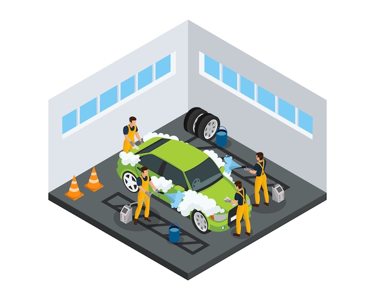 Vetor grátis conceito de serviço de lavagem isométrica com trabalhadores lavando automóveis usando esponjas e ferramentas especiais na garagem isolada