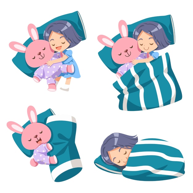 Vetor grátis conceito de sono de ilustração vetorial dos desenhos animados. o sono adequado é o melhor descanso. a menina dormiu em sua cama, abraçou sua boneca de coelho favorita e dormiu feliz.