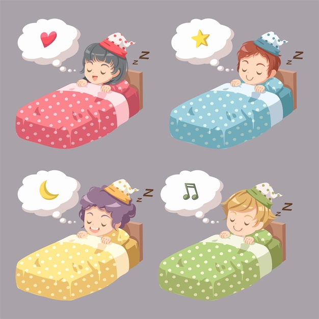 Conceito de sono de ilustração vetorial dos desenhos animados. o sono adequado é o melhor descanso. a menina e o menino dormem em doces sonhos sobre seu amor favorito em sua cama alegremente.