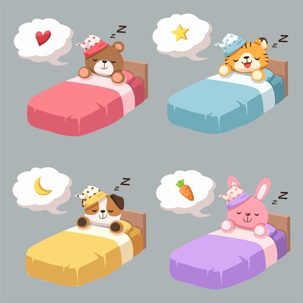 Vetor grátis conceito de sono de ilustração vetorial dos desenhos animados. o sono adequado é o melhor descanso. os animais dormem em doces sonhos sobre sua comida favorita em sua cama.