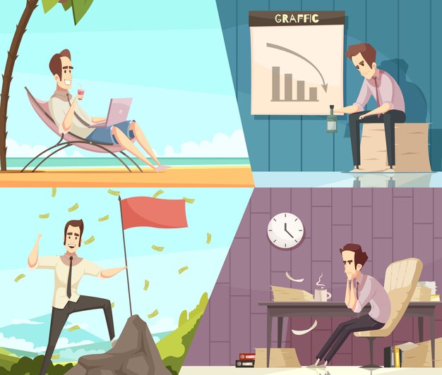 Conceito de sucesso e fracasso de negócios 2 banners de desenhos animados retrô com chuva de dinheiro e frustração isolada