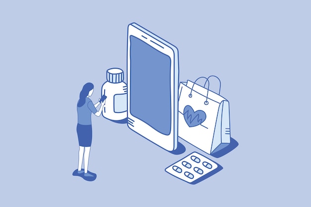 Conceito de tecnologia de acesso a smartphone de saúde digital com ilustração em vetor contorno estilo isométrico