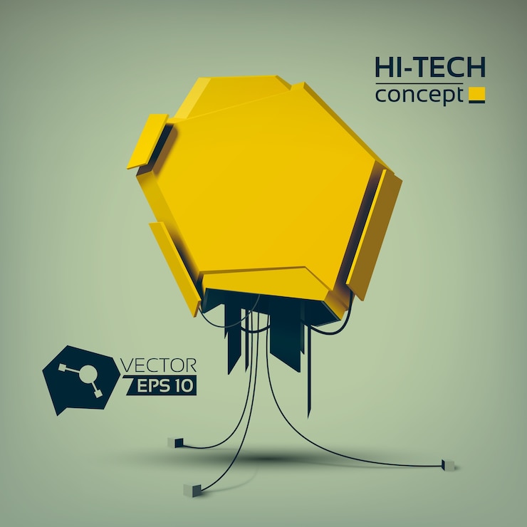 Vetor grátis conceito de tecnologia de alta tecnologia com objeto geométrico amarelo em estilo futurista