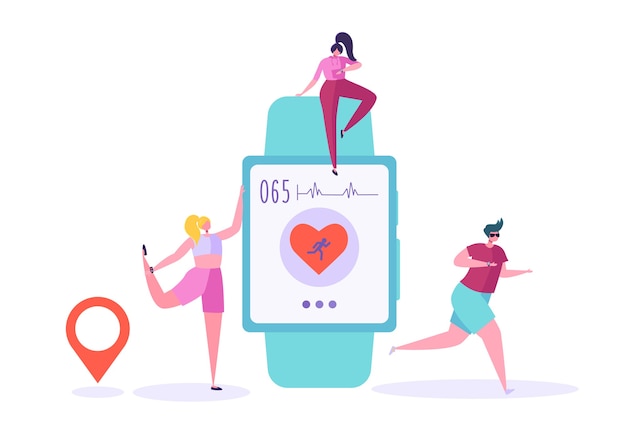 Conceito de tecnologia de app smartwatch. personagens de pessoas ativas correndo com monitor de frequência cardíaca. rastreador de fitness, batimento cardíaco, contagem de calorias.