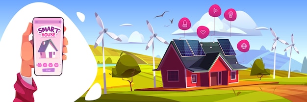 Conceito de tecnologia de inteligência artificial de casa inteligente. mão segure smartphone com app para controle de eletrodomésticos iot. serviços de aplicativos de internet das coisas, energia verde ilustração dos desenhos animados