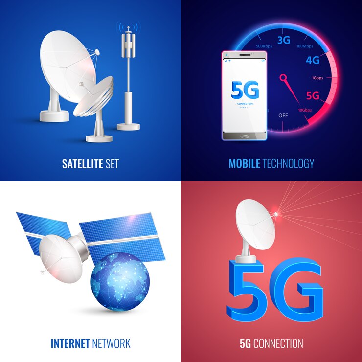 Vetor grátis conceito de tecnologia móvel futurista 2x2 com satélite definir rede de internet e ícones quadrados de conexão 5g realistas