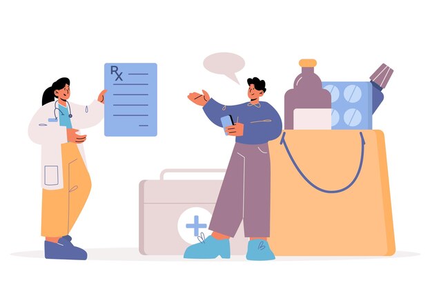 Conceito de telemedicina e farmácia digital Compra on-line de medicamentos ilustração vetorial plana dos desenhos animados O médico dá ao paciente a prescrição RX e ele compra pílulas usando o telefone celular