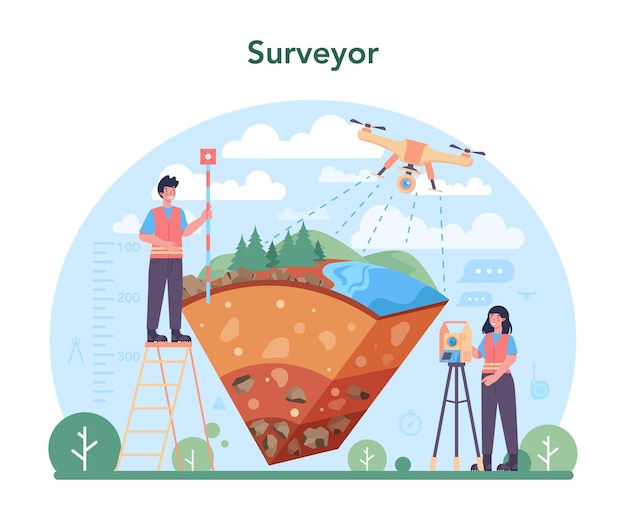 Conceito de topógrafo tecnologia de agrimensura ciência geodésia equipamento de engenharia e topografia pessoas com mapa de bússola e equipamento topográfico ilustração plana vetorial