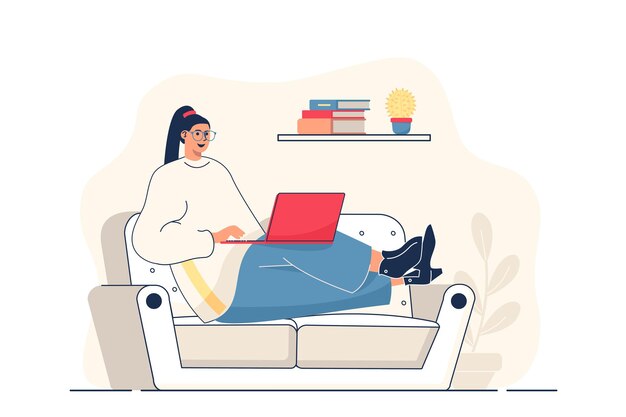 Conceito de trabalho freelance para banner da web mulher trabalhando no laptop sentada no sofá em casa