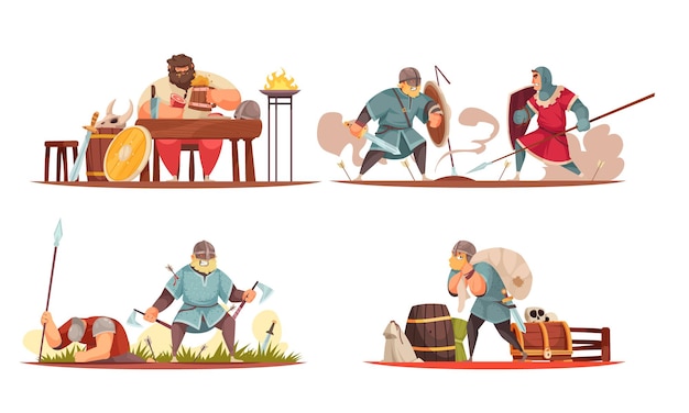 Conceito de vida dos vikings comendo refeição lutando no campo de batalha carregando espólio preservar comida 4 ilustração de composições de desenhos animados