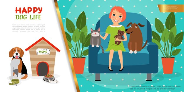 Conceito de vida plana feliz de animais de estimação com uma linda garota cachorrinho e gatinho sentado na poltrona perto da tigela do canil com coleira de osso para comida